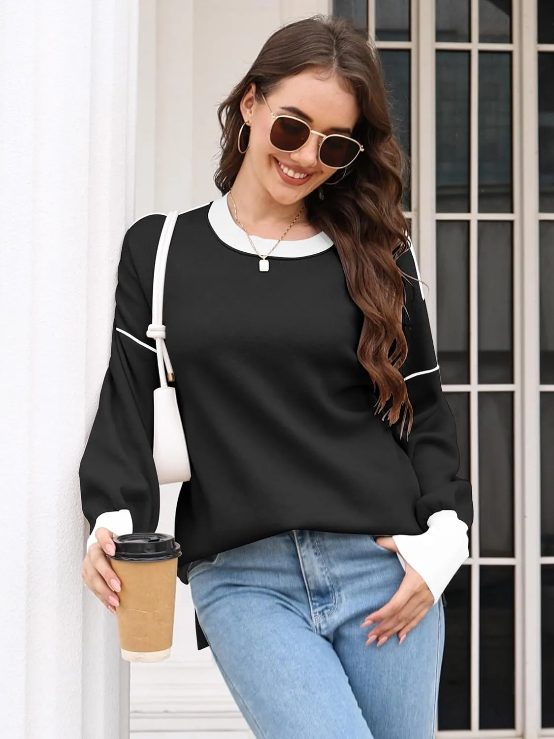 ETCYY Womens Sweaters Fall 2025 Batwing Long Sleeve Side Slit Knit Tops Crew Neck Striped Oversized Sweater Pullover