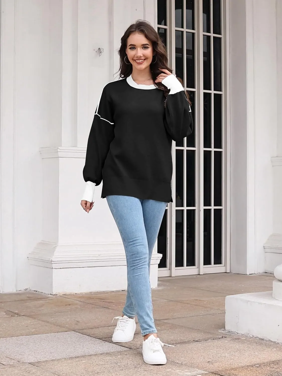 ETCYY Womens Sweaters Fall 2025 Batwing Long Sleeve Side Slit Knit Tops Crew Neck Striped Oversized Sweater Pullover
