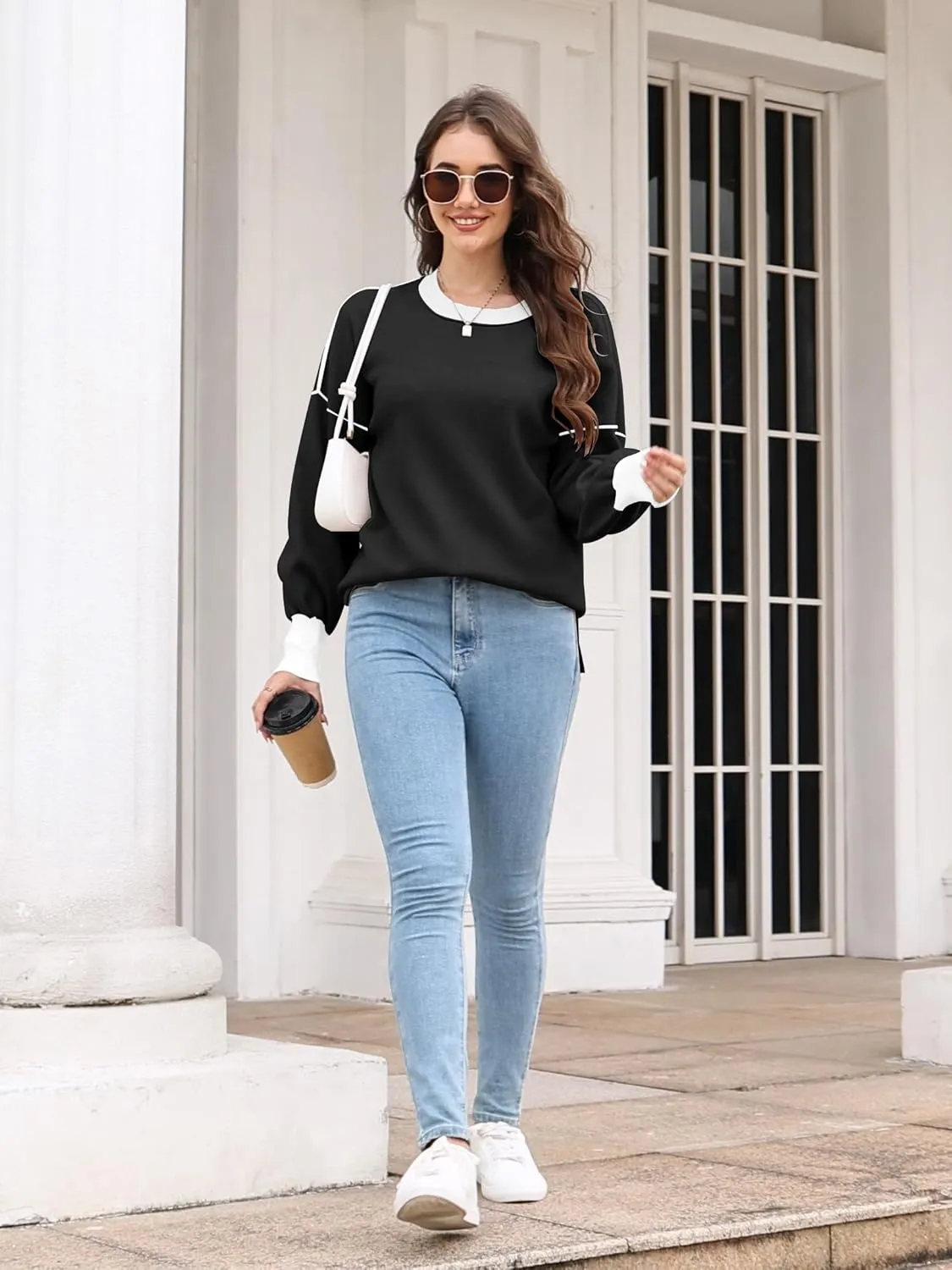 ETCYY Womens Sweaters Fall 2025 Batwing Long Sleeve Side Slit Knit Tops Crew Neck Striped Oversized Sweater Pullover