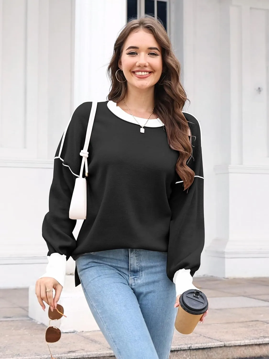 ETCYY Womens Sweaters Fall 2025 Batwing Long Sleeve Side Slit Knit Tops Crew Neck Striped Oversized Sweater Pullover