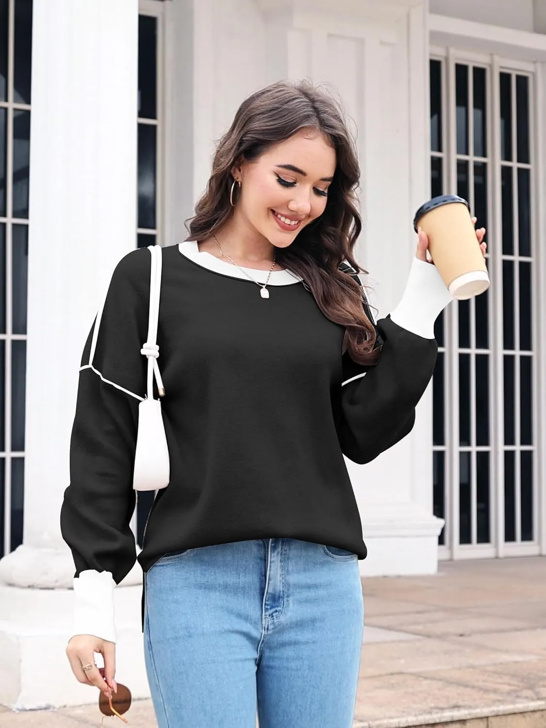 ETCYY Womens Sweaters Fall 2025 Batwing Long Sleeve Side Slit Knit Tops Crew Neck Striped Oversized Sweater Pullover