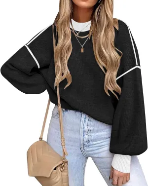 ETCYY Womens Sweaters Fall 2025 Batwing Long Sleeve Side Slit Knit Tops Crew Neck Striped Oversized Sweater Pullover