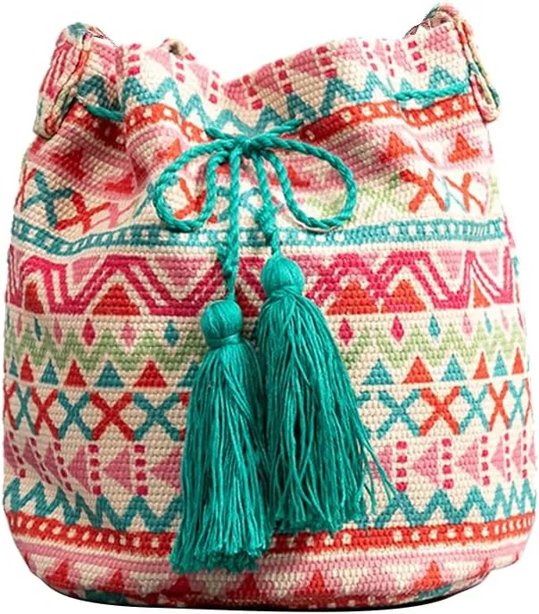 Ethnic Tote Bag for Women Canvas Handbag Bohemian Bucket Bag Retro Shoulder Crossbody Bag with Tassels