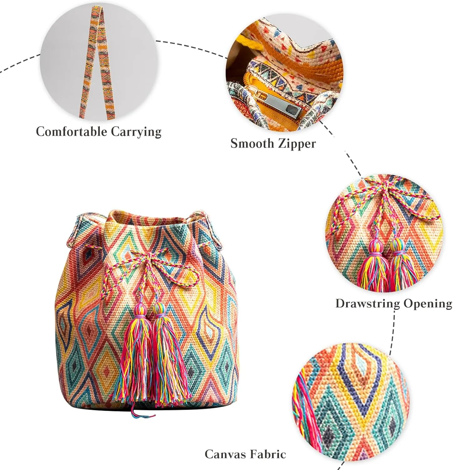 Ethnic Tote Bag for Women Canvas Handbag Bohemian Bucket Bag Retro Shoulder Crossbody Bag with Tassels