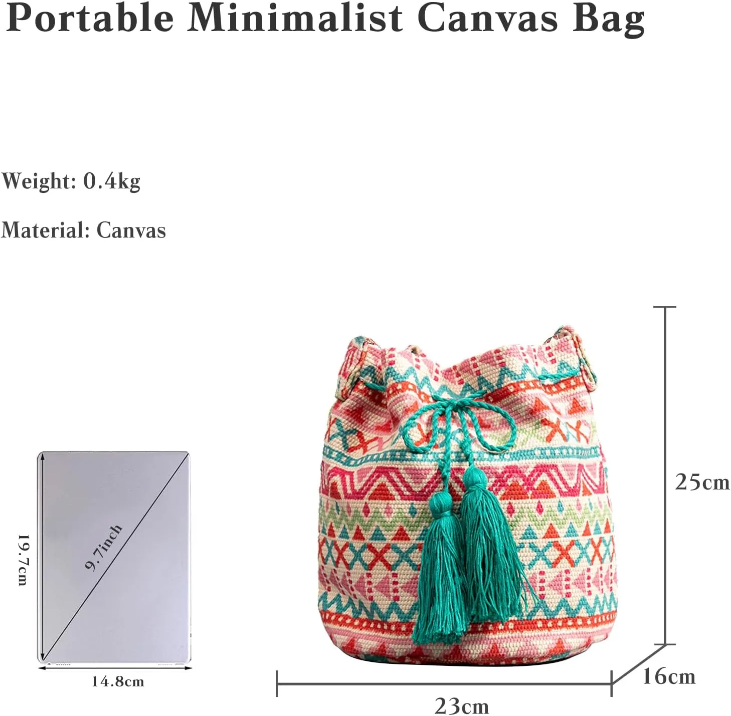 Ethnic Tote Bag for Women Canvas Handbag Bohemian Bucket Bag Retro Shoulder Crossbody Bag with Tassels