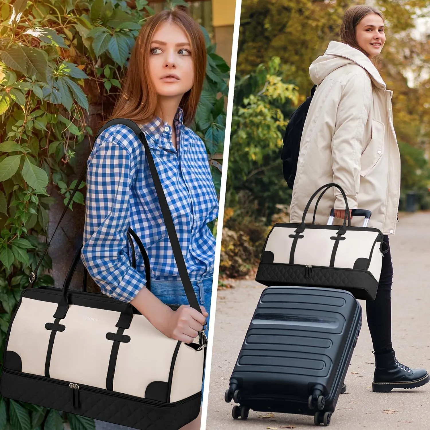 ETRONIK Weekender Overnight Bag for Women, Large Travel Duffle Bag with Shoe Compartment & Wet Pocket, Carry On Tote Bag Gym Duffel Bag with Toiletry Bag, 3 Pcs Set, XL Size, Beige&Black