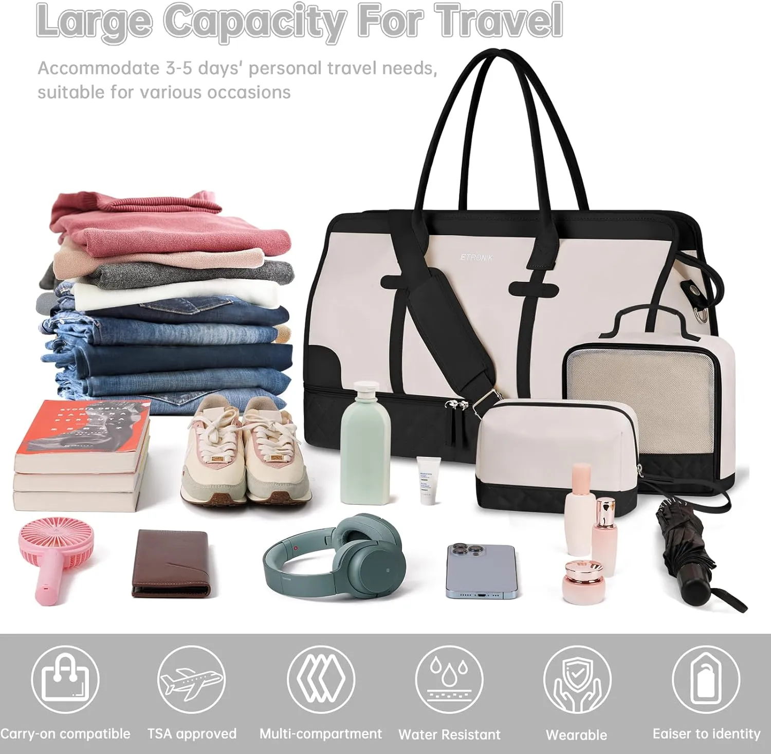 ETRONIK Weekender Overnight Bag for Women, Large Travel Duffle Bag with Shoe Compartment & Wet Pocket, Carry On Tote Bag Gym Duffel Bag with Toiletry Bag, 3 Pcs Set, XL Size, Beige&Black