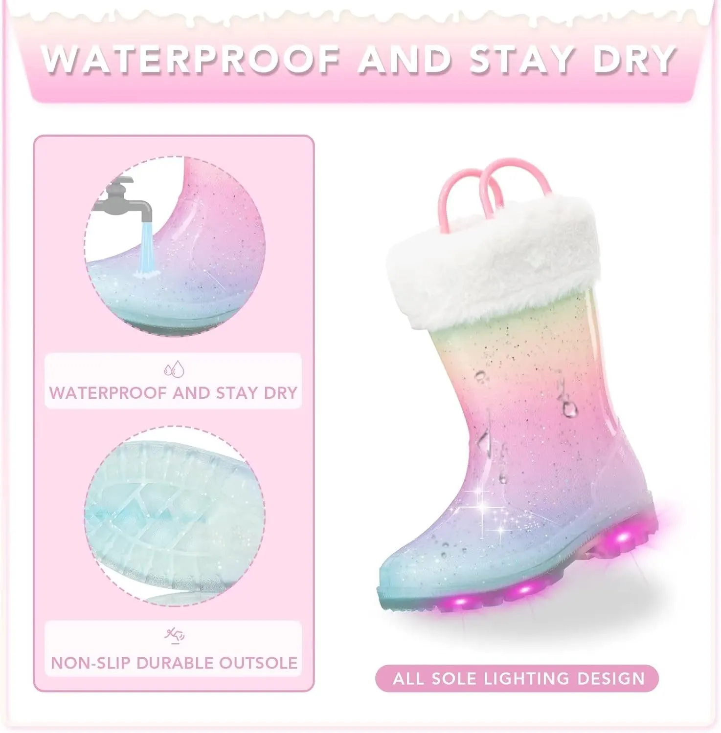 EUXTERPA Toddler Kids Light Up/Solid Color Rain Boots Waterproof Warm Fleece Lined Boots for Boys Girls Winter Snow Boots