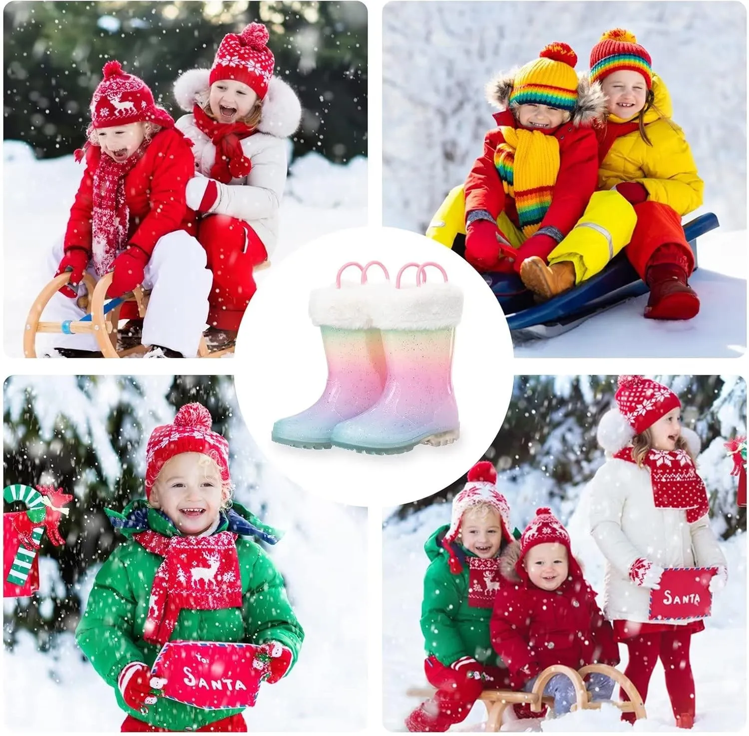 EUXTERPA Toddler Kids Light Up/Solid Color Rain Boots Waterproof Warm Fleece Lined Boots for Boys Girls Winter Snow Boots