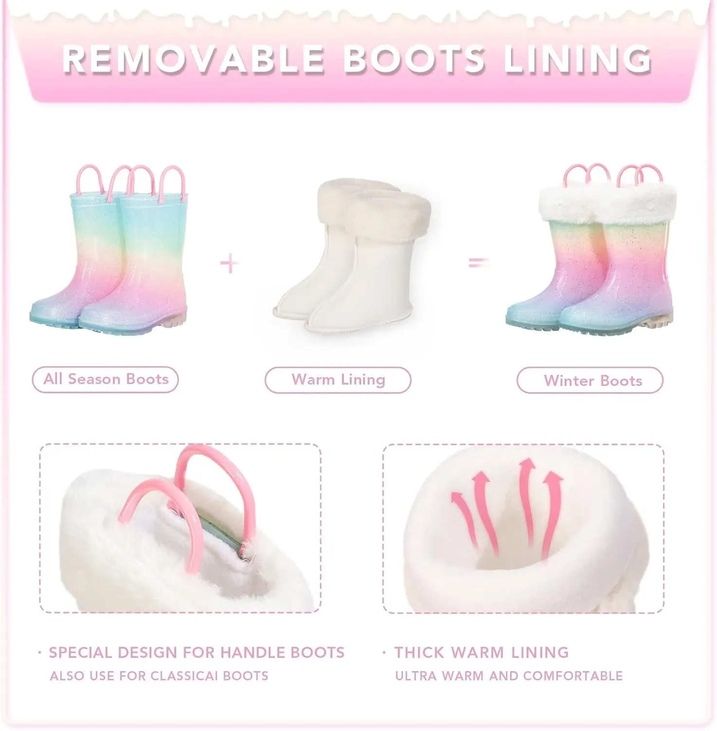 EUXTERPA Toddler Kids Light Up/Solid Color Rain Boots Waterproof Warm Fleece Lined Boots for Boys Girls Winter Snow Boots