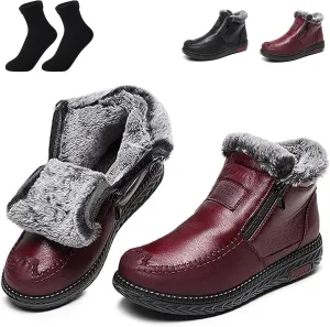 Extrashoe Women's Waterproof Non-Slip Cotton Leather Boots, Fur Lined Winter Warm Boot Base Cotton Leather Laces Zipper