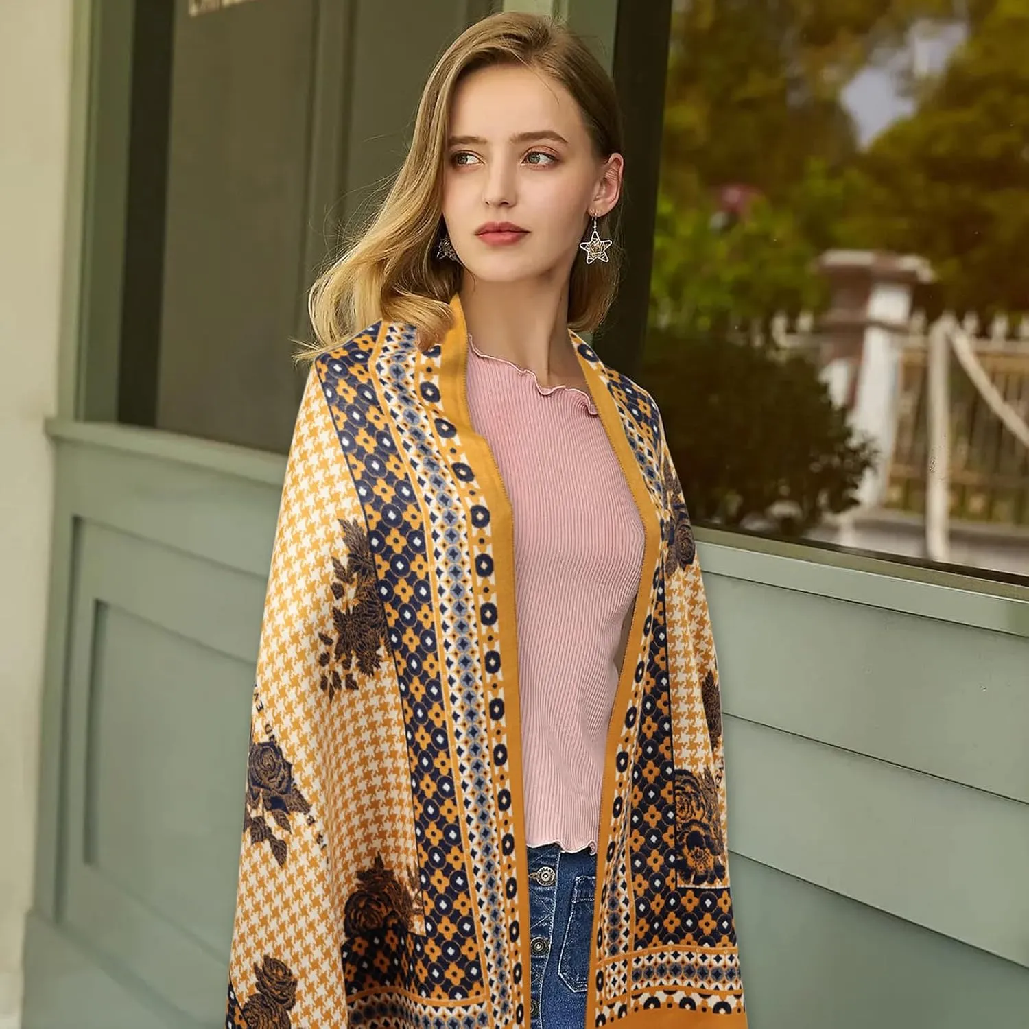 EXTREE Scarfs for Women Pashmina Silky Shawl Wrap for Evening Dressing Blanket Open Front Poncho Cape