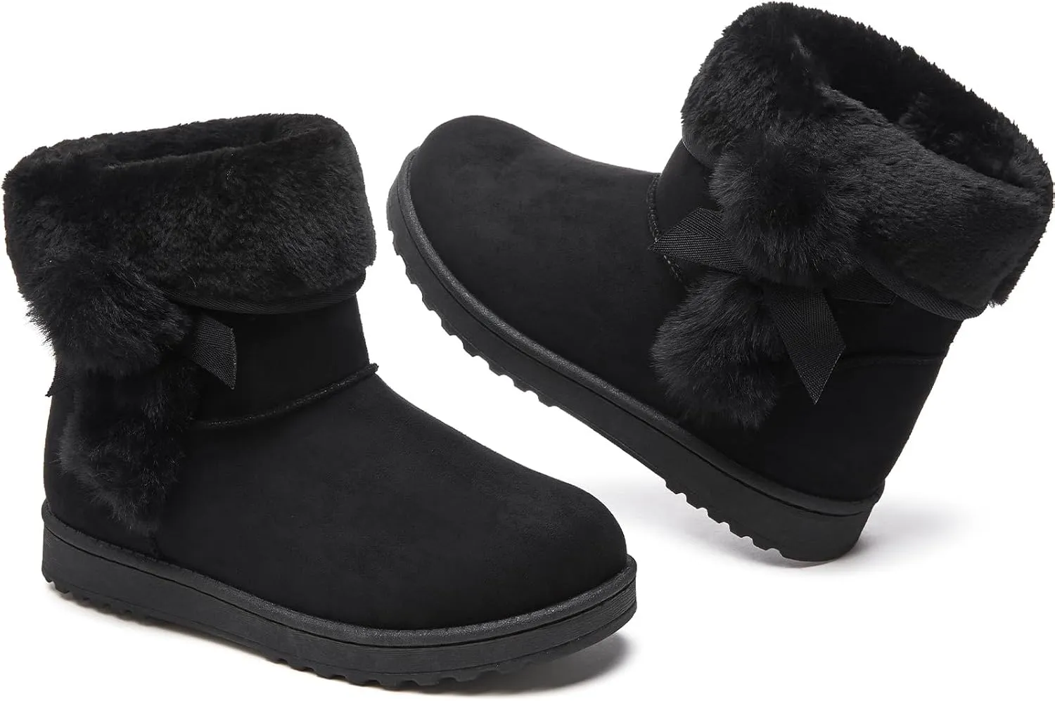 Eydram Women Winter Boots Fur Lined Fashion Mid Calf Boots for Women Warm Fuzzy Boots Comfortable Black Womens Snow Boots with Bowknot
