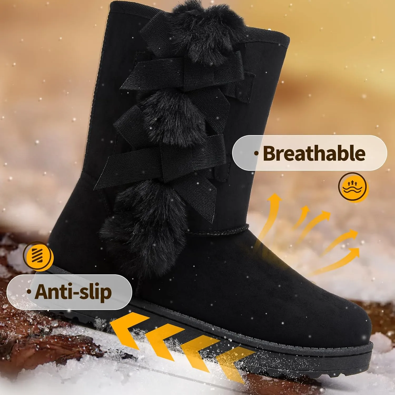 Eydram Women Winter Boots Fur Lined Fashion Mid Calf Boots for Women Warm Fuzzy Boots Comfortable Black Womens Snow Boots with Bowknot