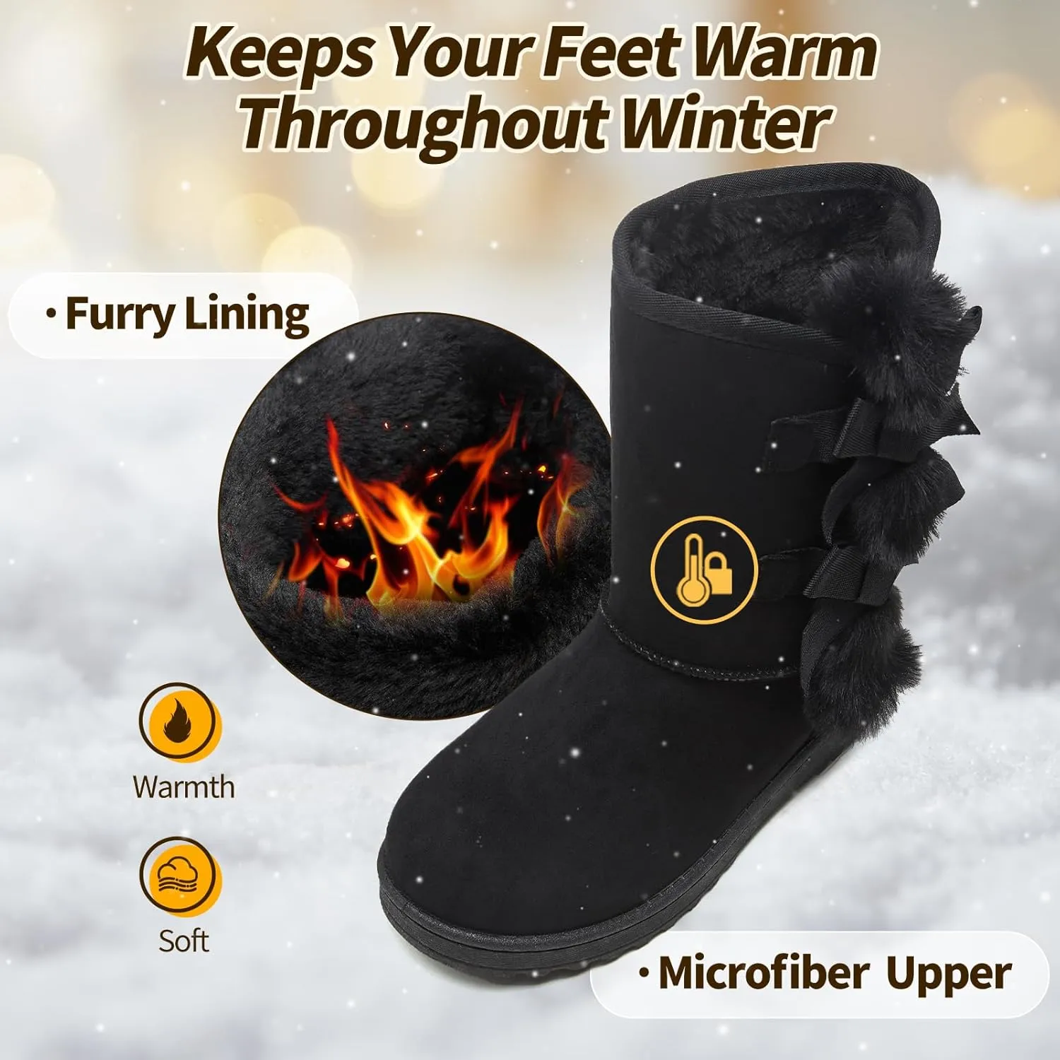 Eydram Women Winter Boots Fur Lined Fashion Mid Calf Boots for Women Warm Fuzzy Boots Comfortable Black Womens Snow Boots with Bowknot