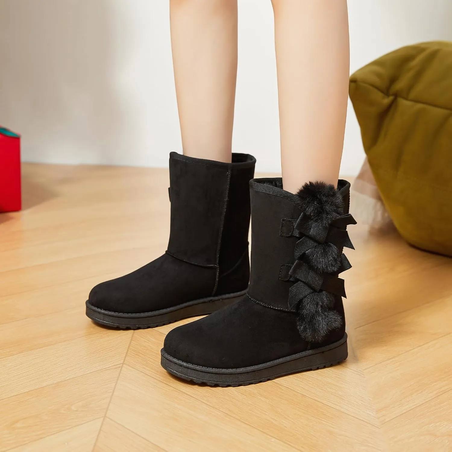 Eydram Women Winter Boots Fur Lined Fashion Mid Calf Boots for Women Warm Fuzzy Boots Comfortable Black Womens Snow Boots with Bowknot
