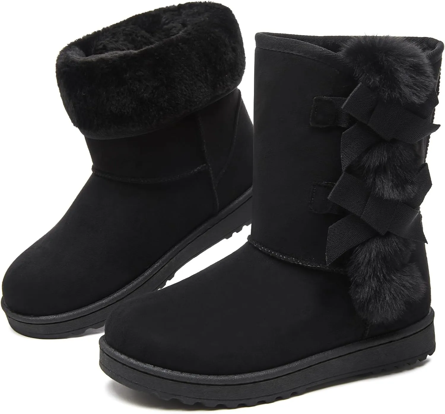 Eydram Women Winter Boots Fur Lined Fashion Mid Calf Boots for Women Warm Fuzzy Boots Comfortable Black Womens Snow Boots with Bowknot