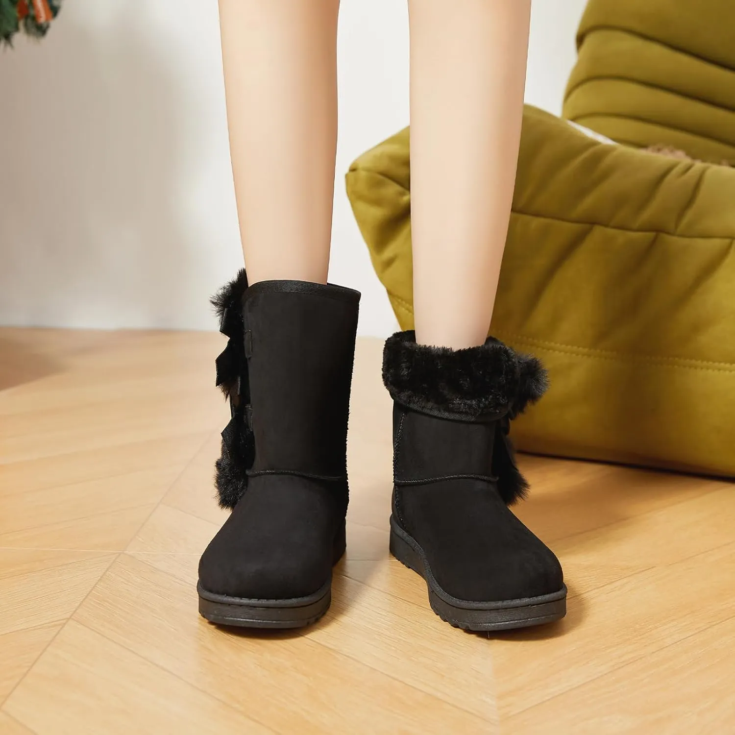 Eydram Women Winter Boots Fur Lined Fashion Mid Calf Boots for Women Warm Fuzzy Boots Comfortable Black Womens Snow Boots with Bowknot