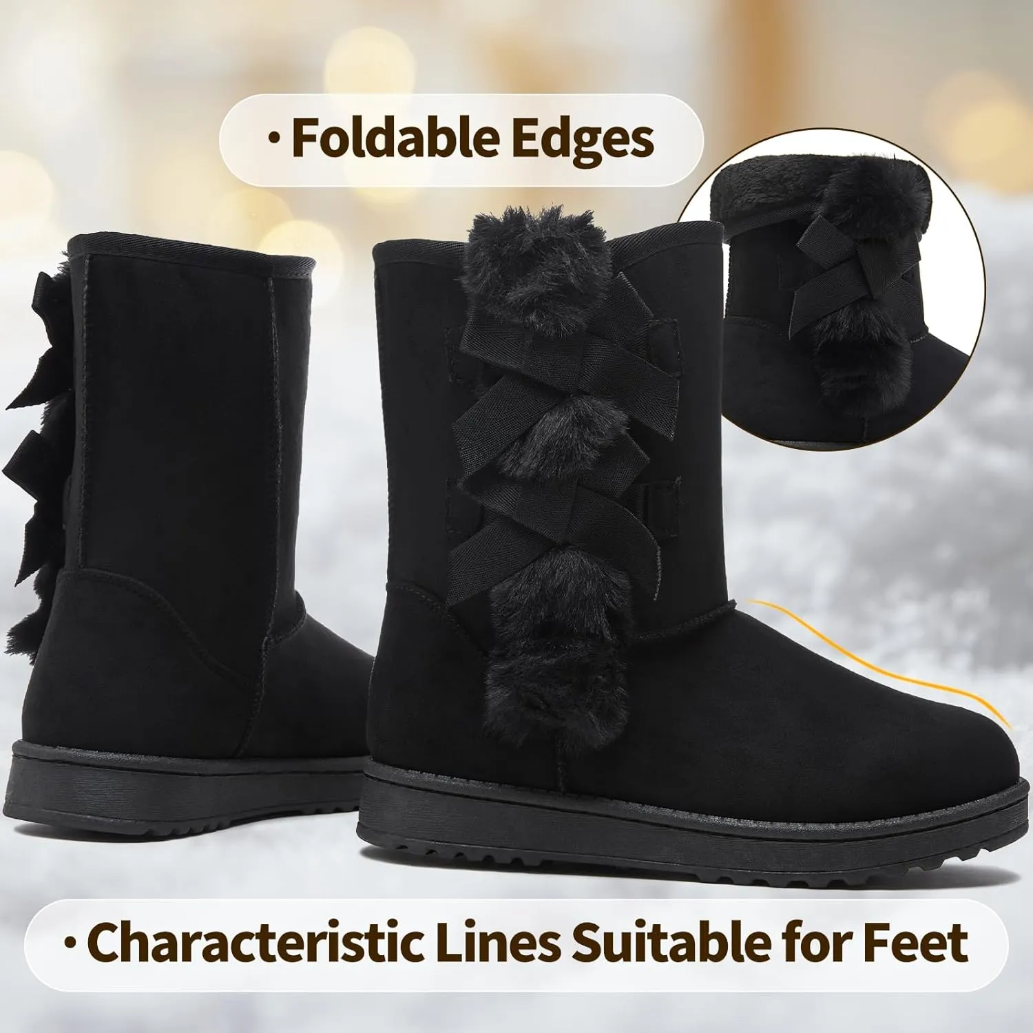 Eydram Women Winter Boots Fur Lined Fashion Mid Calf Boots for Women Warm Fuzzy Boots Comfortable Black Womens Snow Boots with Bowknot