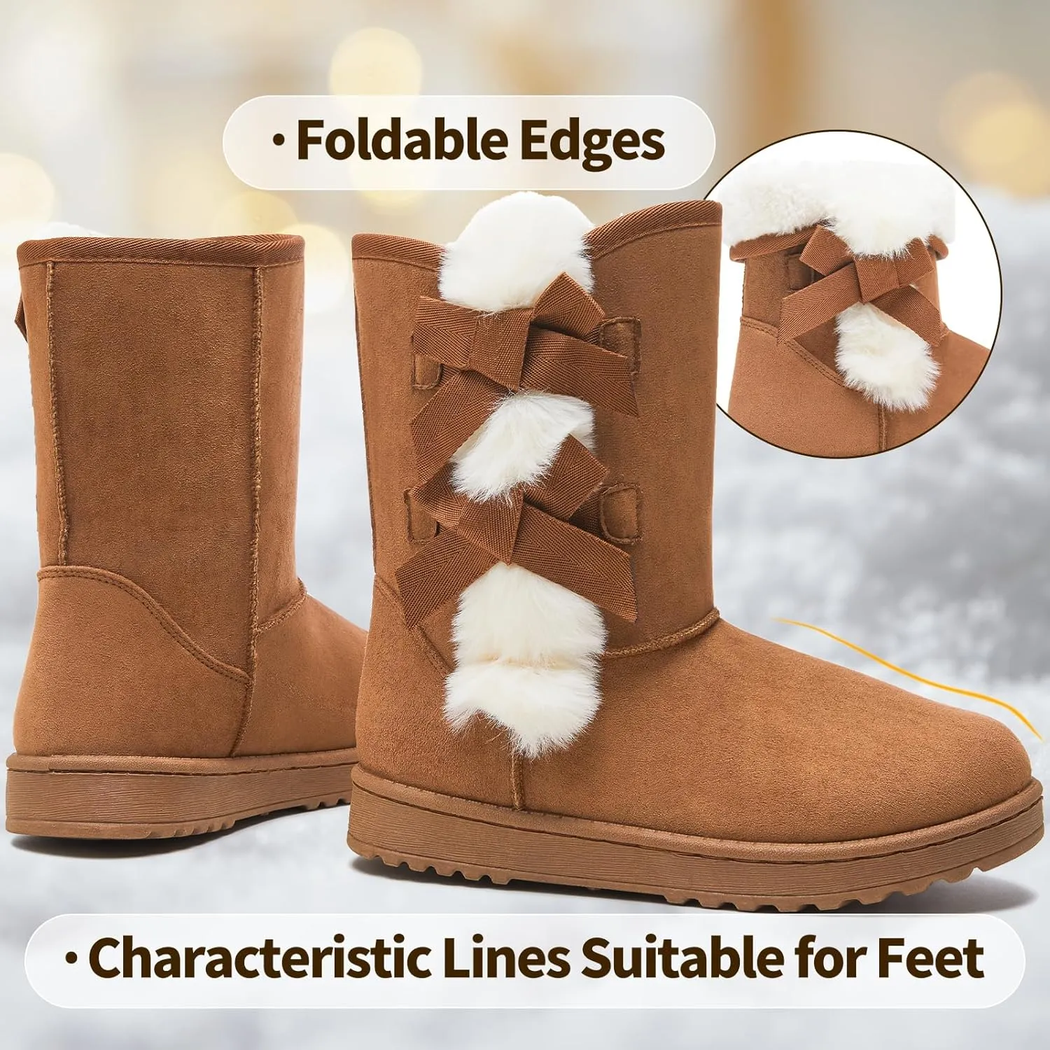 Eydram Women Winter Boots Fur Lined Fashion Mid Calf Boots for Women Warm Fuzzy Boots Comfortable Black Womens Snow Boots with Bowknot