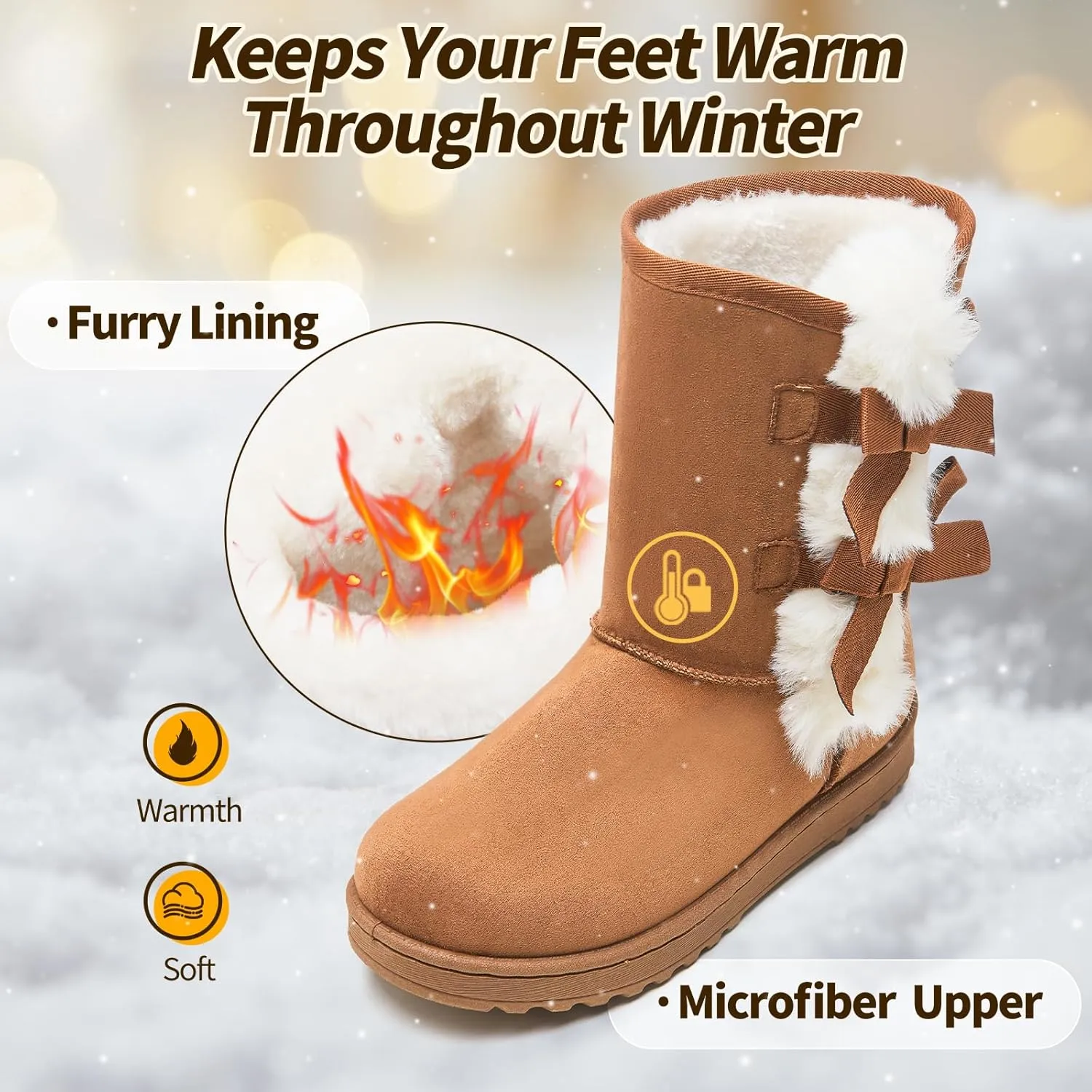 Eydram Women Winter Boots Fur Lined Fashion Mid Calf Boots for Women Warm Fuzzy Boots Comfortable Black Womens Snow Boots with Bowknot
