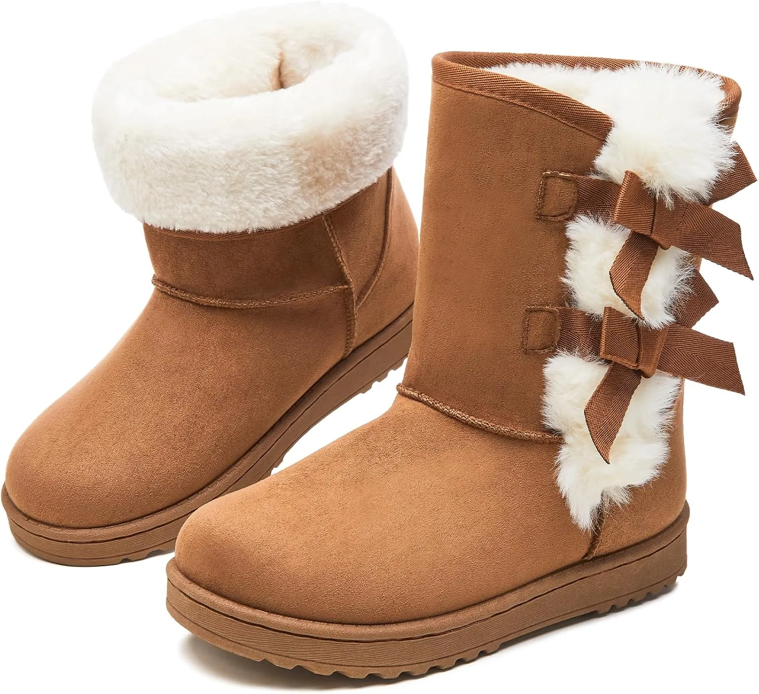 Eydram Women Winter Boots Fur Lined Fashion Mid Calf Boots for Women Warm Fuzzy Boots Comfortable Black Womens Snow Boots with Bowknot