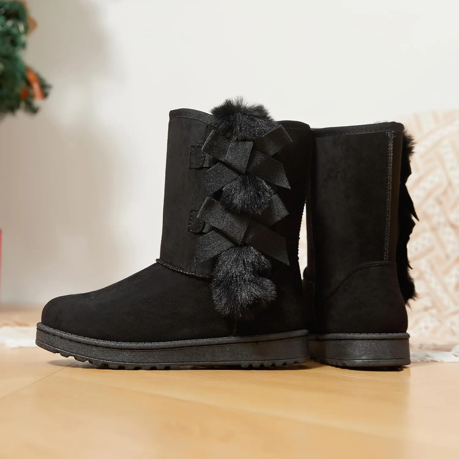 Eydram Women Winter Boots Fur Lined Fashion Mid Calf Boots for Women Warm Fuzzy Boots Comfortable Black Womens Snow Boots with Bowknot