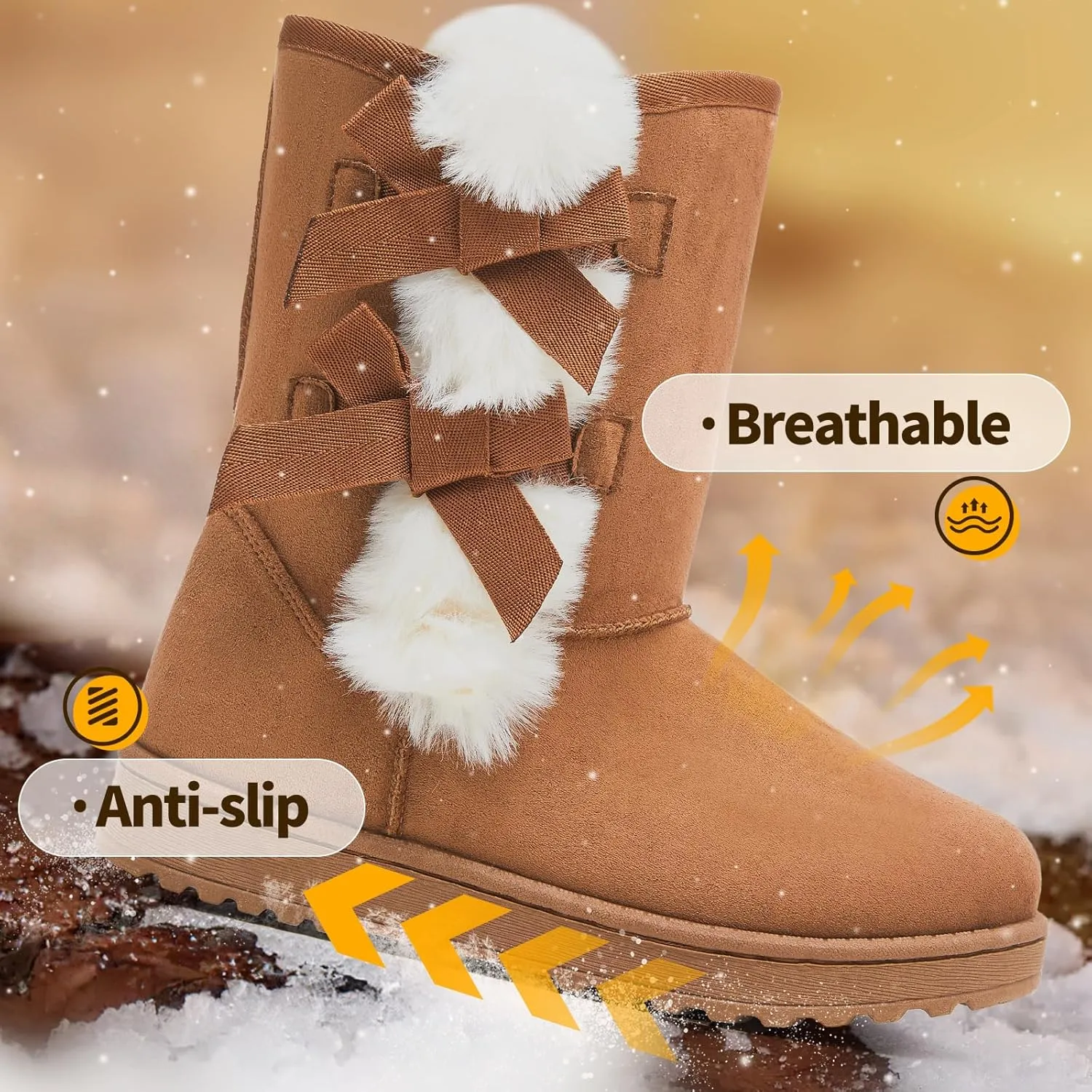 Eydram Women Winter Boots Fur Lined Fashion Mid Calf Boots for Women Warm Fuzzy Boots Comfortable Black Womens Snow Boots with Bowknot
