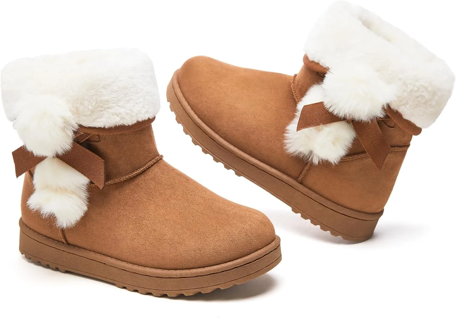 Eydram Women Winter Boots Fur Lined Fashion Mid Calf Boots for Women Warm Fuzzy Boots Comfortable Black Womens Snow Boots with Bowknot