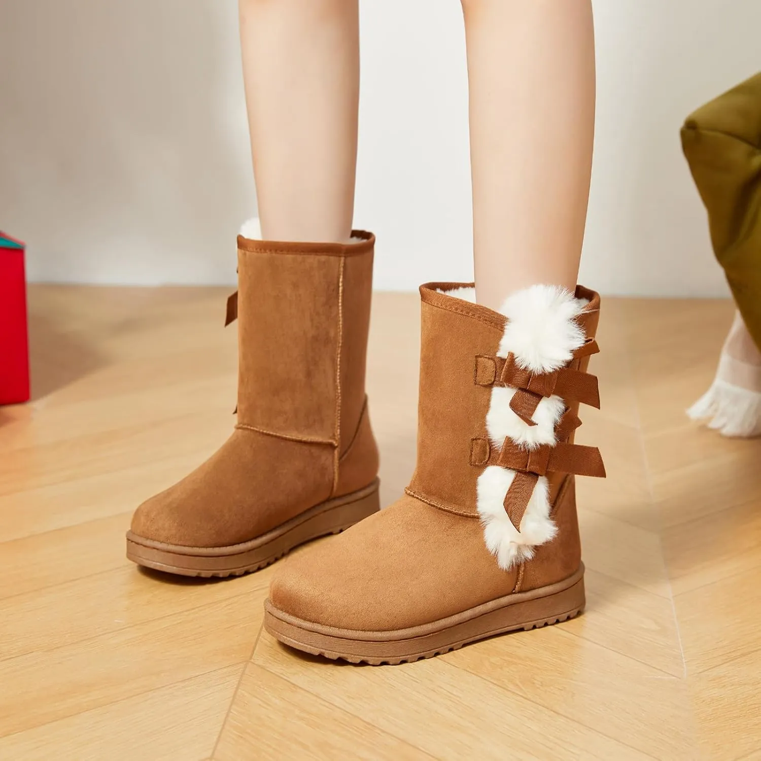 Eydram Women Winter Boots Fur Lined Fashion Mid Calf Boots for Women Warm Fuzzy Boots Comfortable Black Womens Snow Boots with Bowknot
