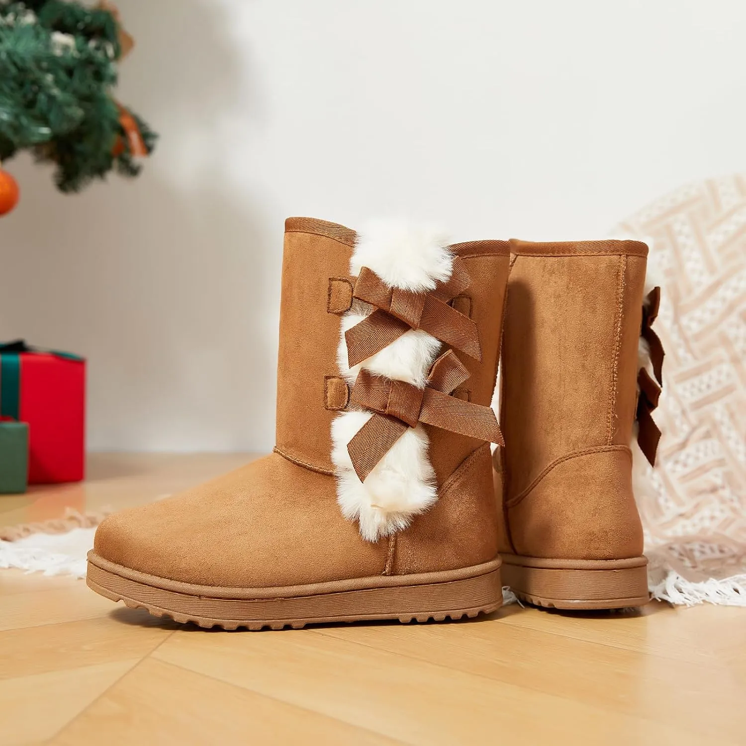 Eydram Women Winter Boots Fur Lined Fashion Mid Calf Boots for Women Warm Fuzzy Boots Comfortable Black Womens Snow Boots with Bowknot