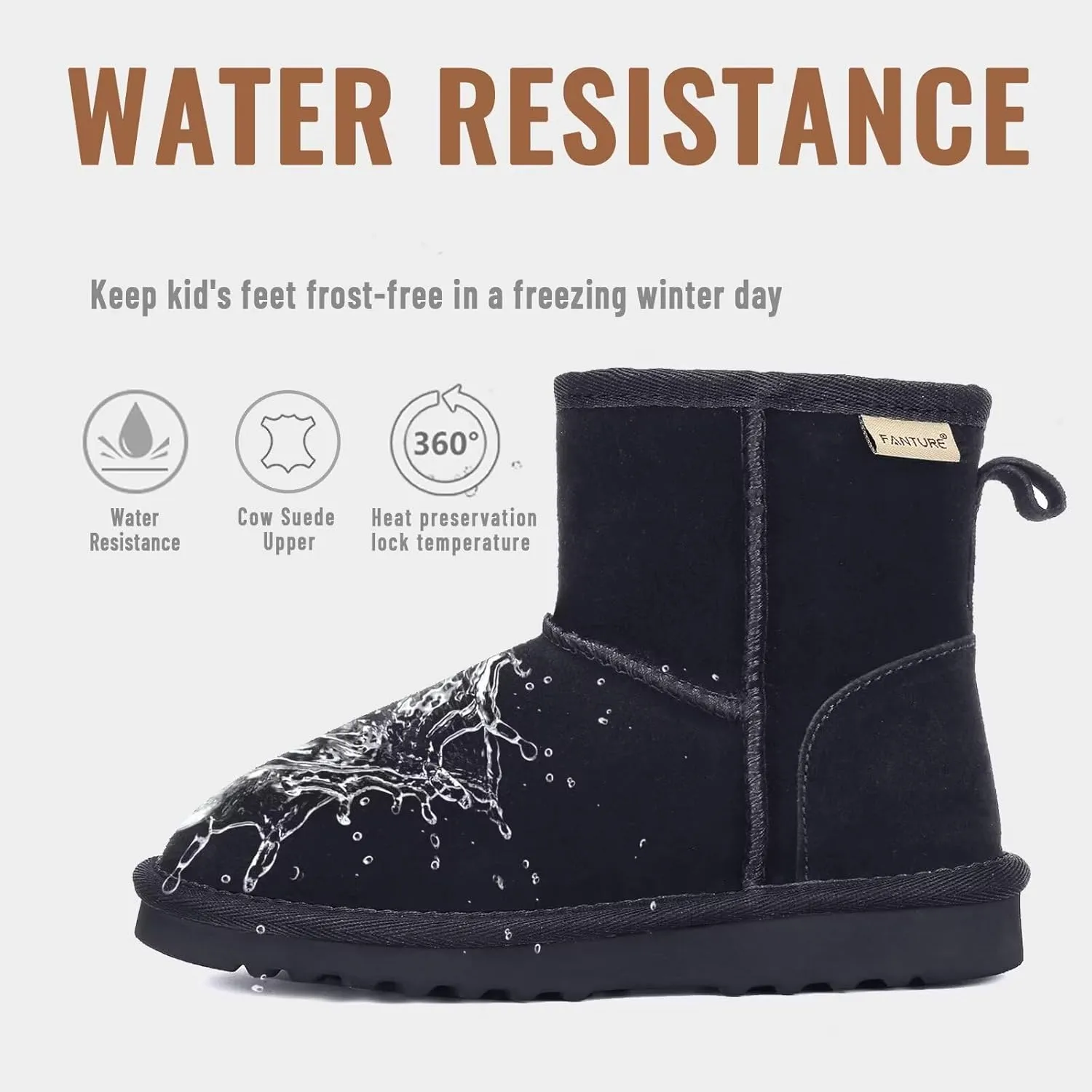 FANTURE Kids Snow Boots Boys Girls Winter Boots Cow Suede Warm Faux Fur Lined Durable Shoes(Little Kid/Big Kid)