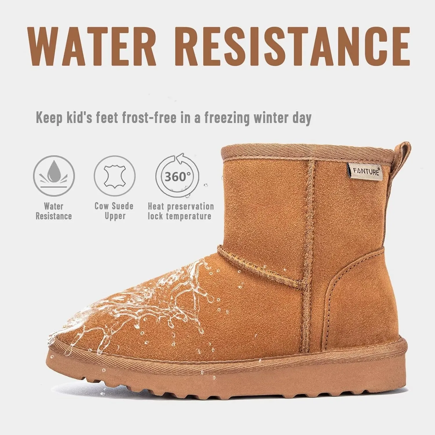 FANTURE Kids Snow Boots Boys Girls Winter Boots Cow Suede Warm Faux Fur Lined Durable Shoes(Little Kid/Big Kid)