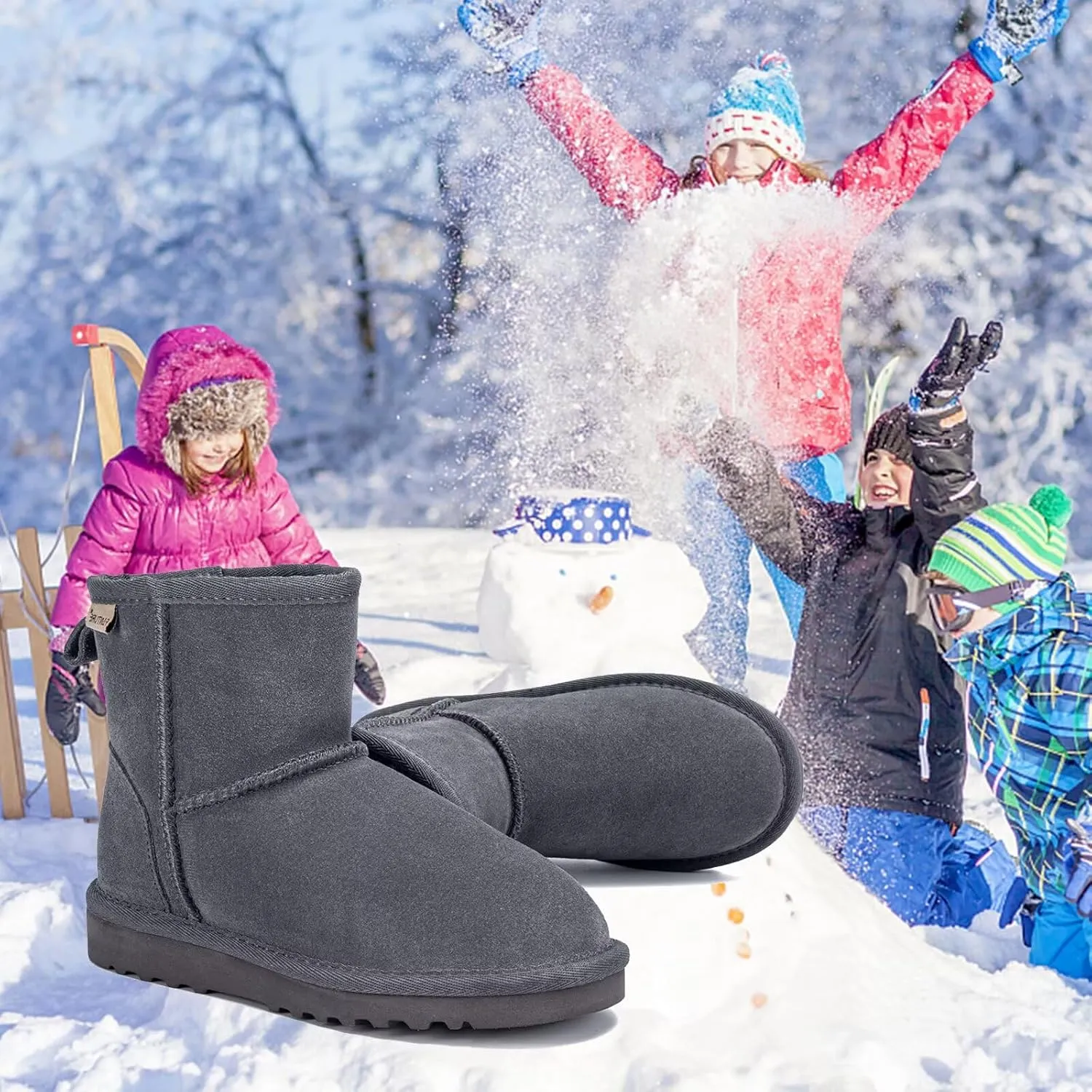 FANTURE Kids Snow Boots Boys Girls Winter Boots Cow Suede Warm Faux Fur Lined Durable Shoes(Little Kid/Big Kid)