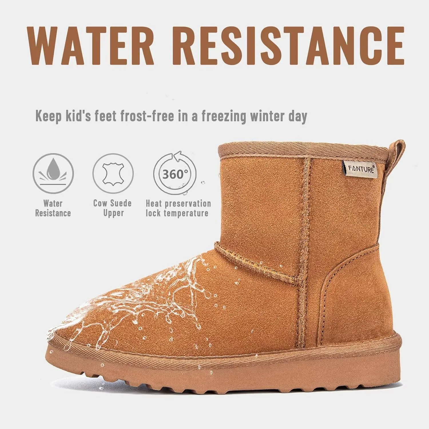 FANTURE Kids Snow Boots Boys Girls Winter Boots Cow Suede Warm Faux Fur Lined Durable Shoes(Little Kid/Big Kid)