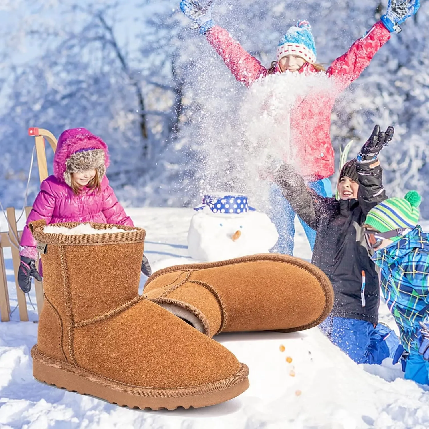 FANTURE Kids Snow Boots Boys Girls Winter Boots Cow Suede Warm Faux Fur Lined Durable Shoes(Little Kid/Big Kid)