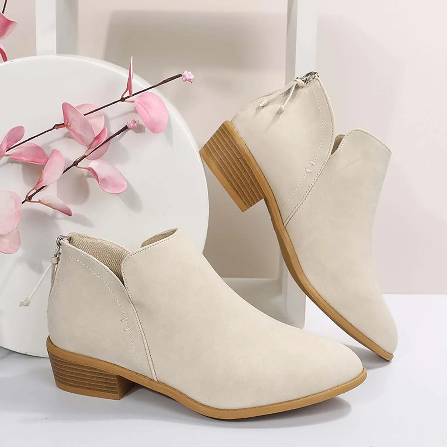 Fashion Boots for Women Chunky Heel Pointed Toe V Cutout Back Zipper Block Low Heel Ankle Booties Fall Solid Casual Comfy Outdoor Ladies Shoes