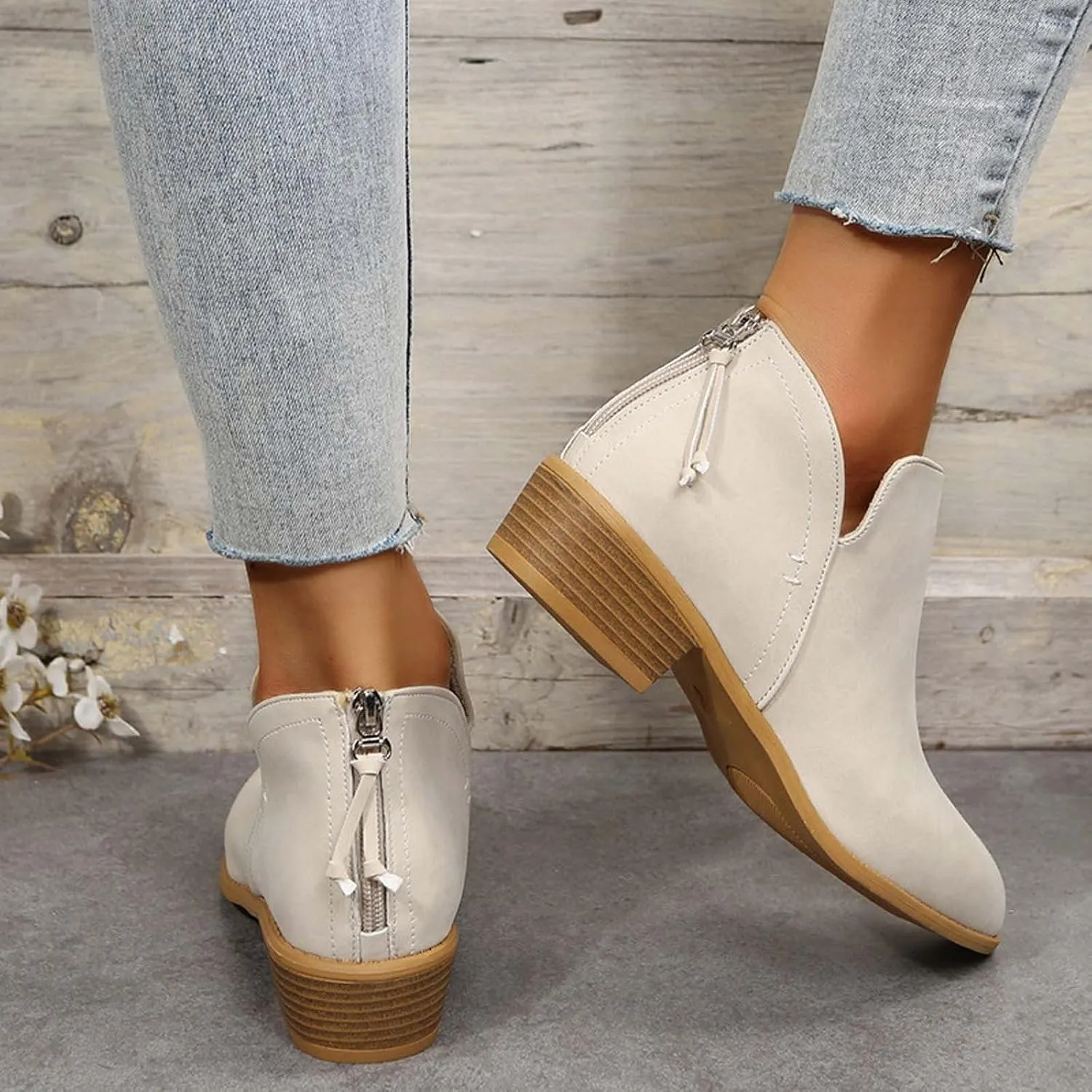Fashion Boots for Women Chunky Heel Pointed Toe V Cutout Back Zipper Block Low Heel Ankle Booties Fall Solid Casual Comfy Outdoor Ladies Shoes