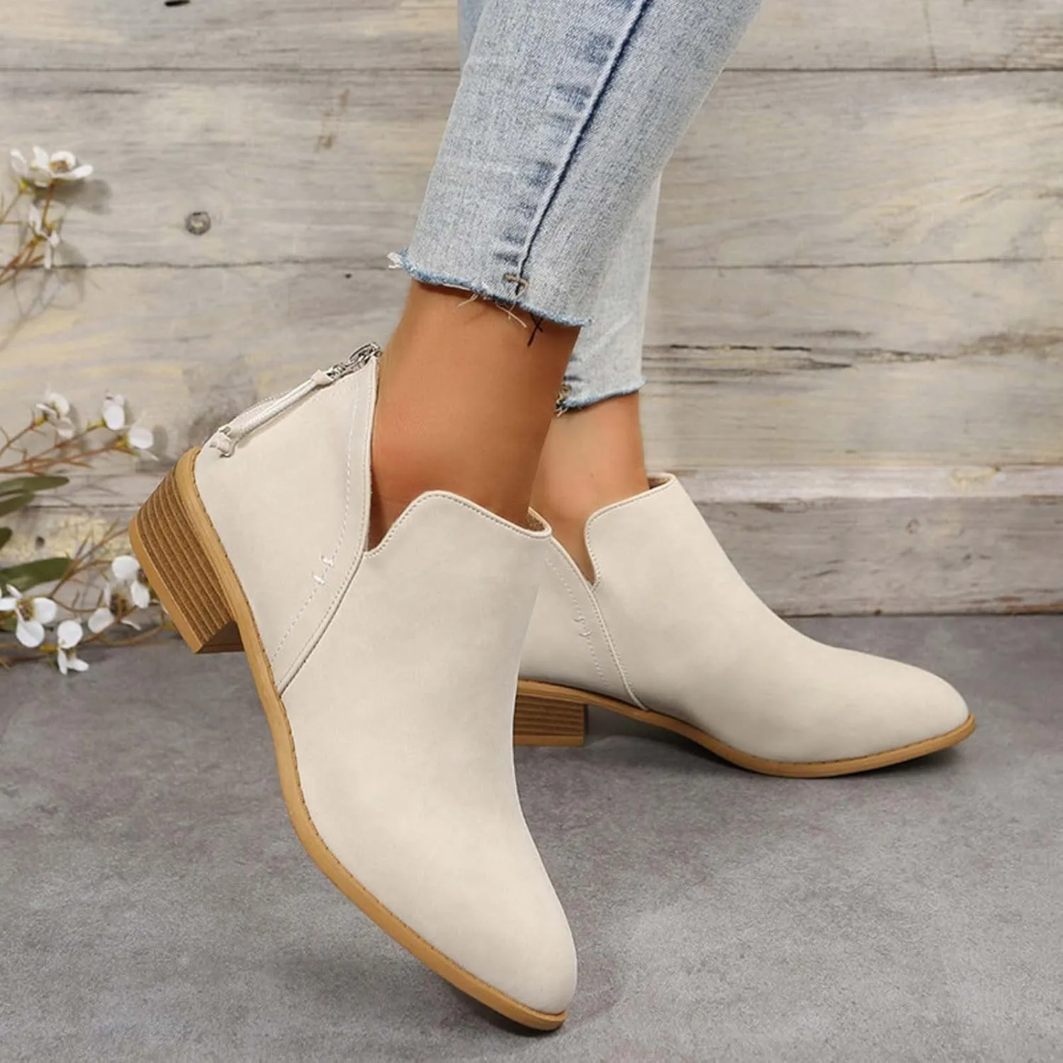 Fashion Boots for Women Chunky Heel Pointed Toe V Cutout Back Zipper Block Low Heel Ankle Booties Fall Solid Casual Comfy Outdoor Ladies Shoes