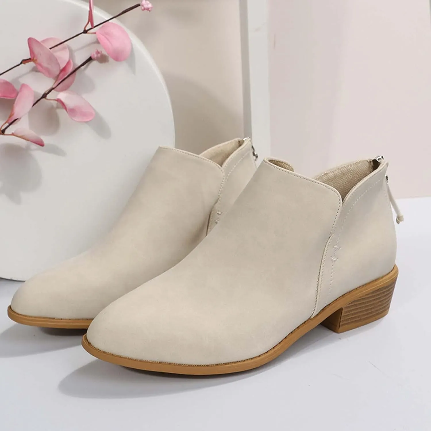 Fashion Boots for Women Chunky Heel Pointed Toe V Cutout Back Zipper Block Low Heel Ankle Booties Fall Solid Casual Comfy Outdoor Ladies Shoes