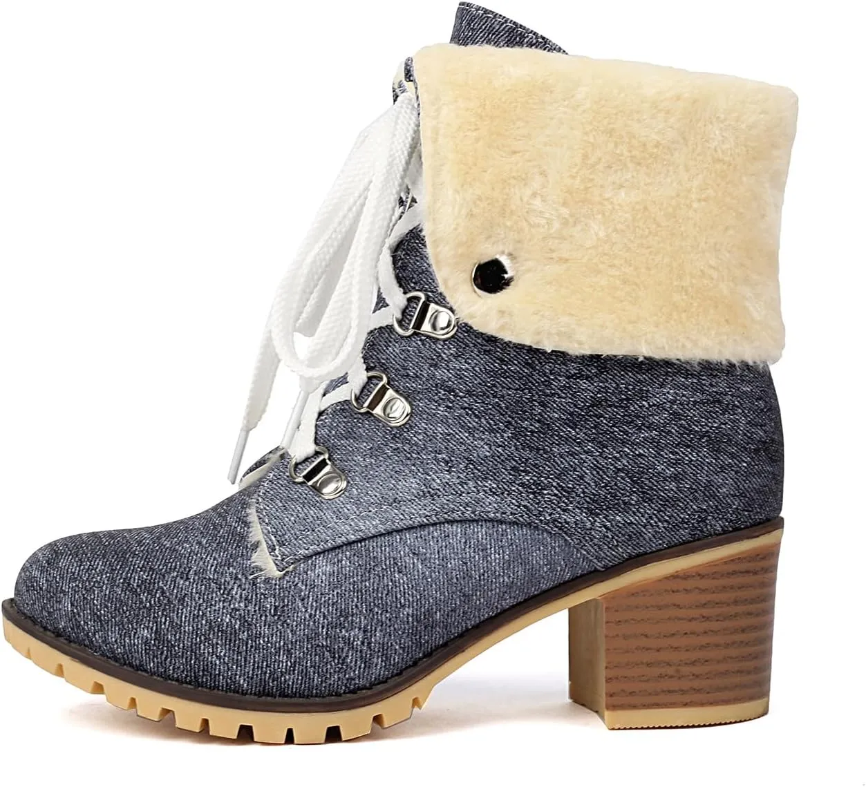 Fashion Brogue Winter Boots for Women Low Heel Fold Collar Winter Booties Side Zipper Denim Warm Boots