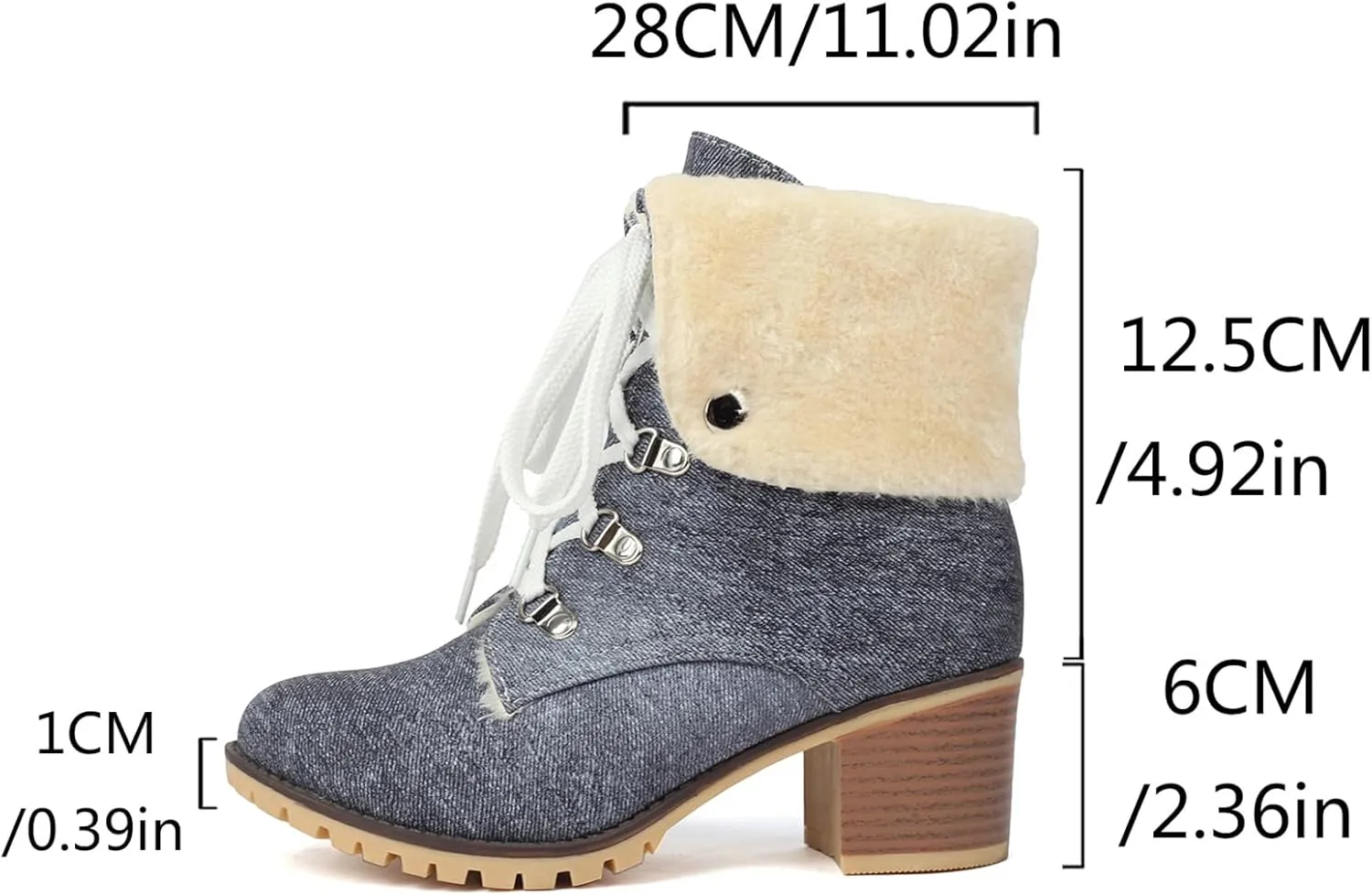 Fashion Brogue Winter Boots for Women Low Heel Fold Collar Winter Booties Side Zipper Denim Warm Boots