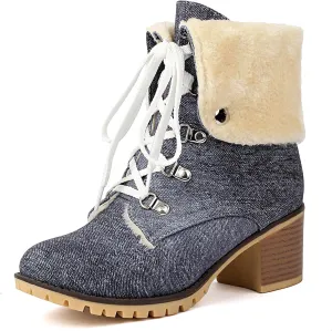 Fashion Brogue Winter Boots for Women Low Heel Fold Collar Winter Booties Side Zipper Denim Warm Boots