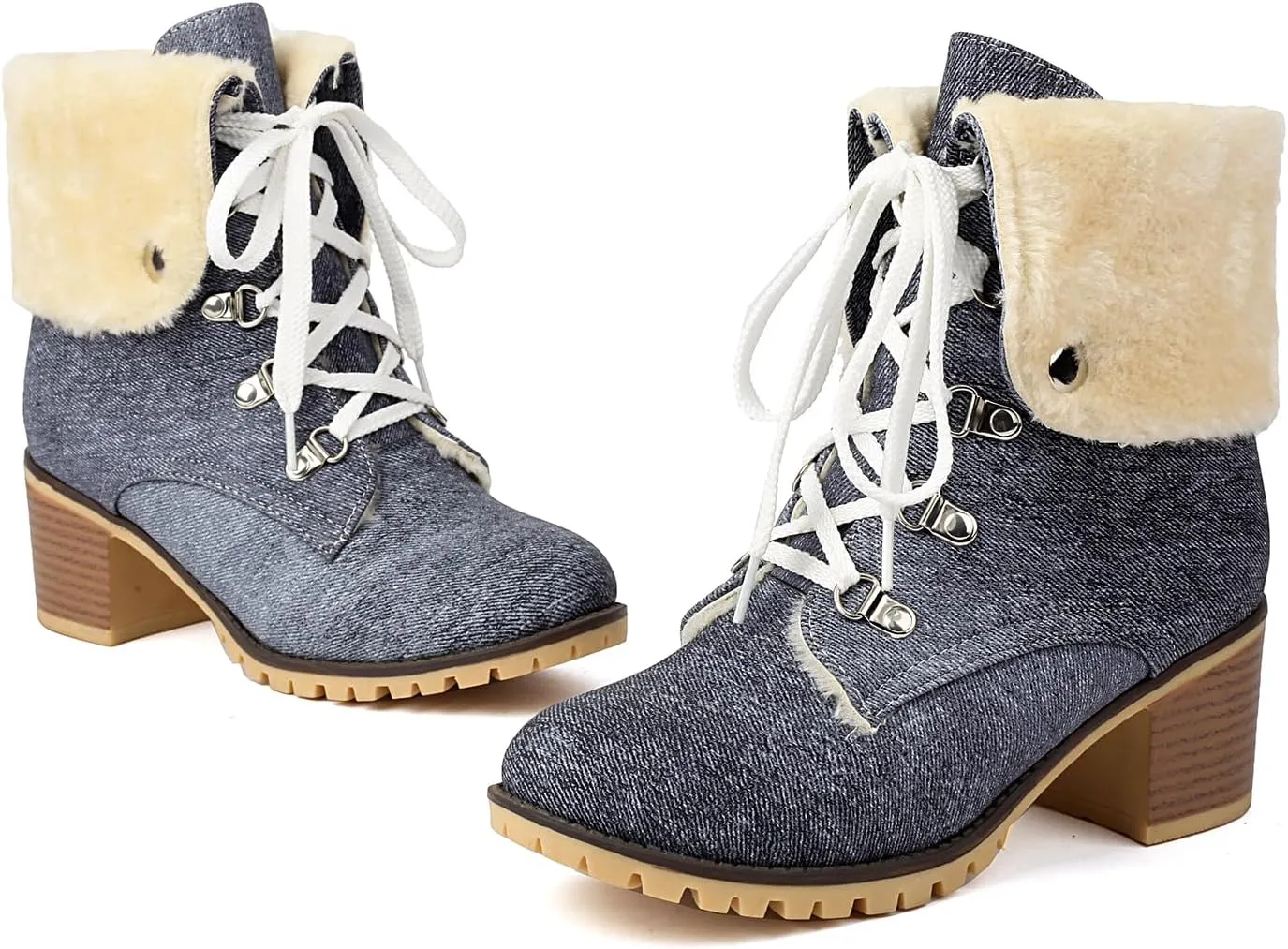Fashion Brogue Winter Boots for Women Low Heel Fold Collar Winter Booties Side Zipper Denim Warm Boots
