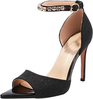 Fashion Rhinstone Stiletto High Heels Ankle Strap Sequined Cloth Sandals Pointed Toe Dress Sandals