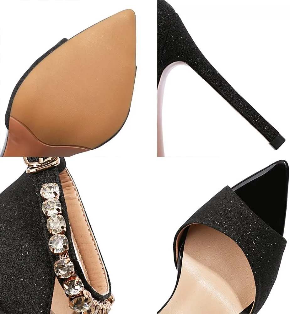 Fashion Rhinstone Stiletto High Heels Ankle Strap Sequined Cloth Sandals Pointed Toe Dress Sandals