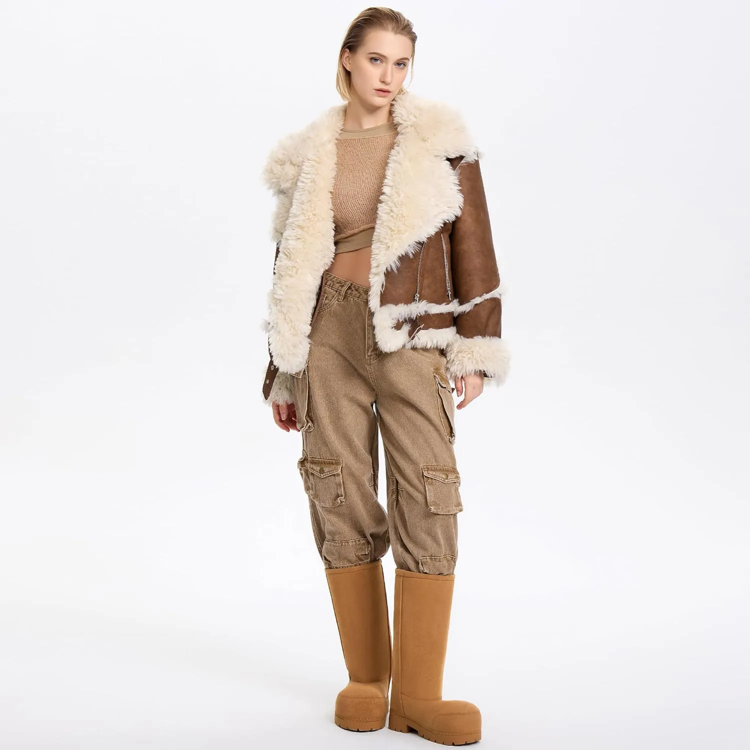 Faux Suede Platform Fuzzy Snow Boots Round Toe Hippy Winter Boots Slip On Knee High Chunky Heel Fur Tall Boots for Women