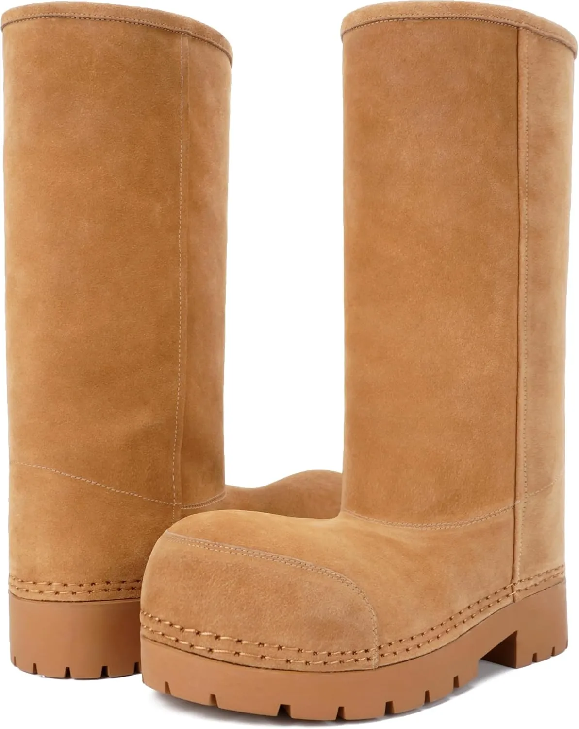 Faux Suede Platform Fuzzy Snow Boots Round Toe Hippy Winter Boots Slip On Knee High Chunky Heel Fur Tall Boots for Women