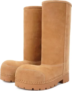 Faux Suede Platform Fuzzy Snow Boots Round Toe Hippy Winter Boots Slip On Knee High Chunky Heel Fur Tall Boots for Women