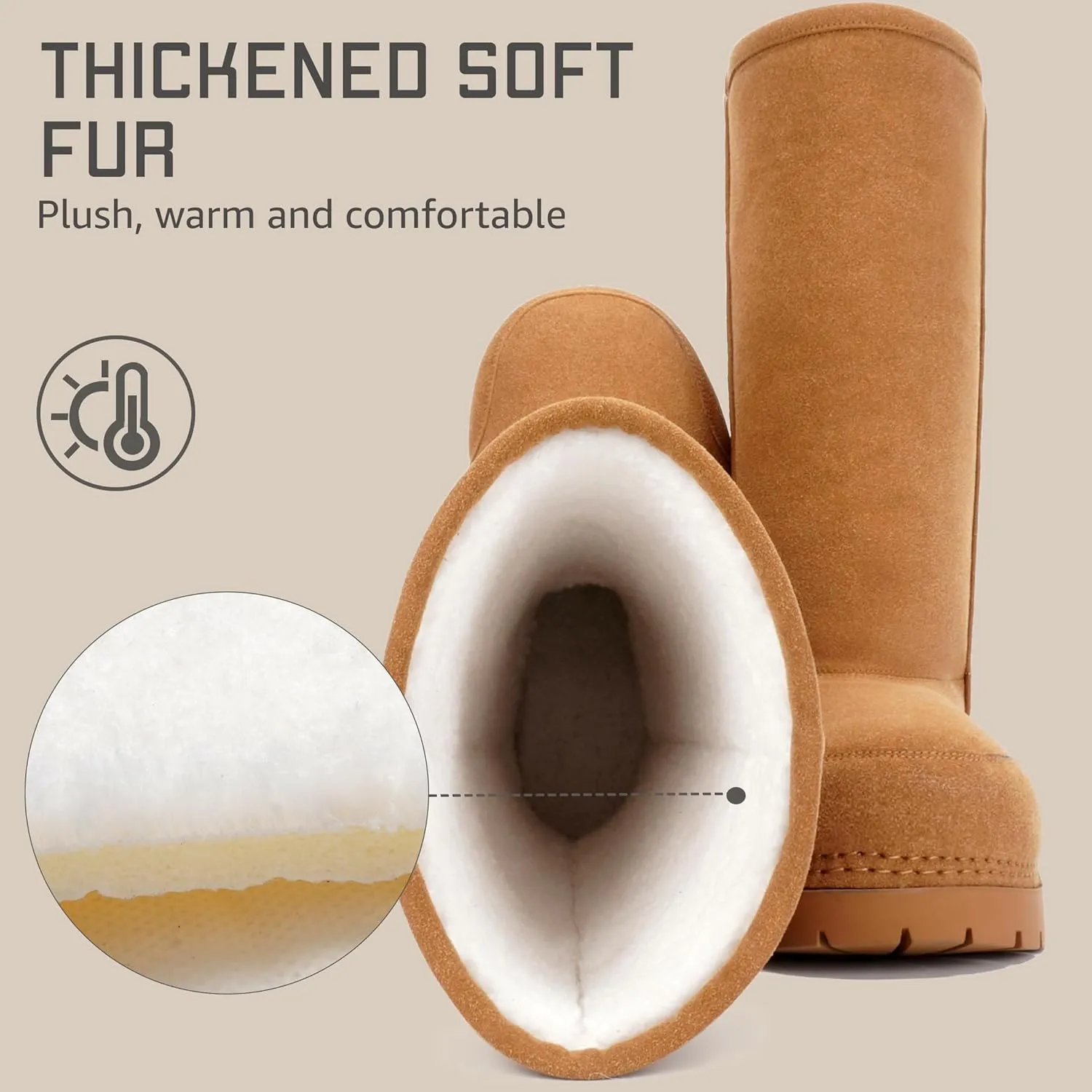 Faux Suede Platform Fuzzy Snow Boots Round Toe Hippy Winter Boots Slip On Knee High Chunky Heel Fur Tall Boots for Women